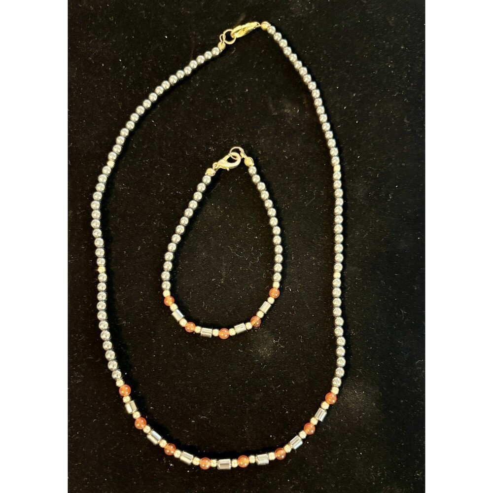 Vintage Hematite Beaded Necklace & Bracelet Set Orange Accents Gold Clasp